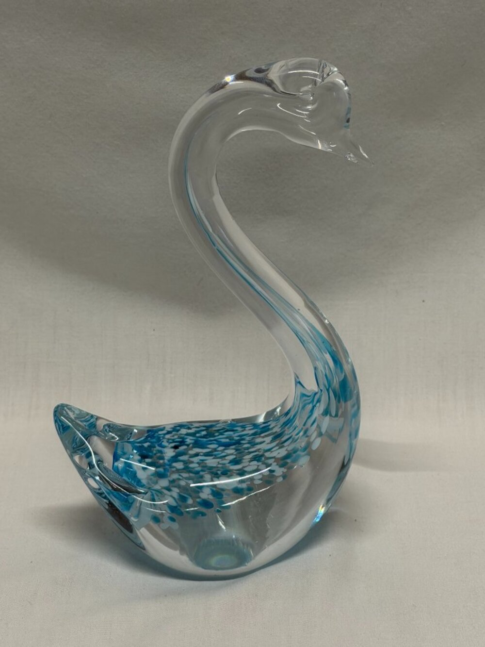 Vintage Hand-blown Art Glass Swan Figurine Clear Glass Internal Teal & White